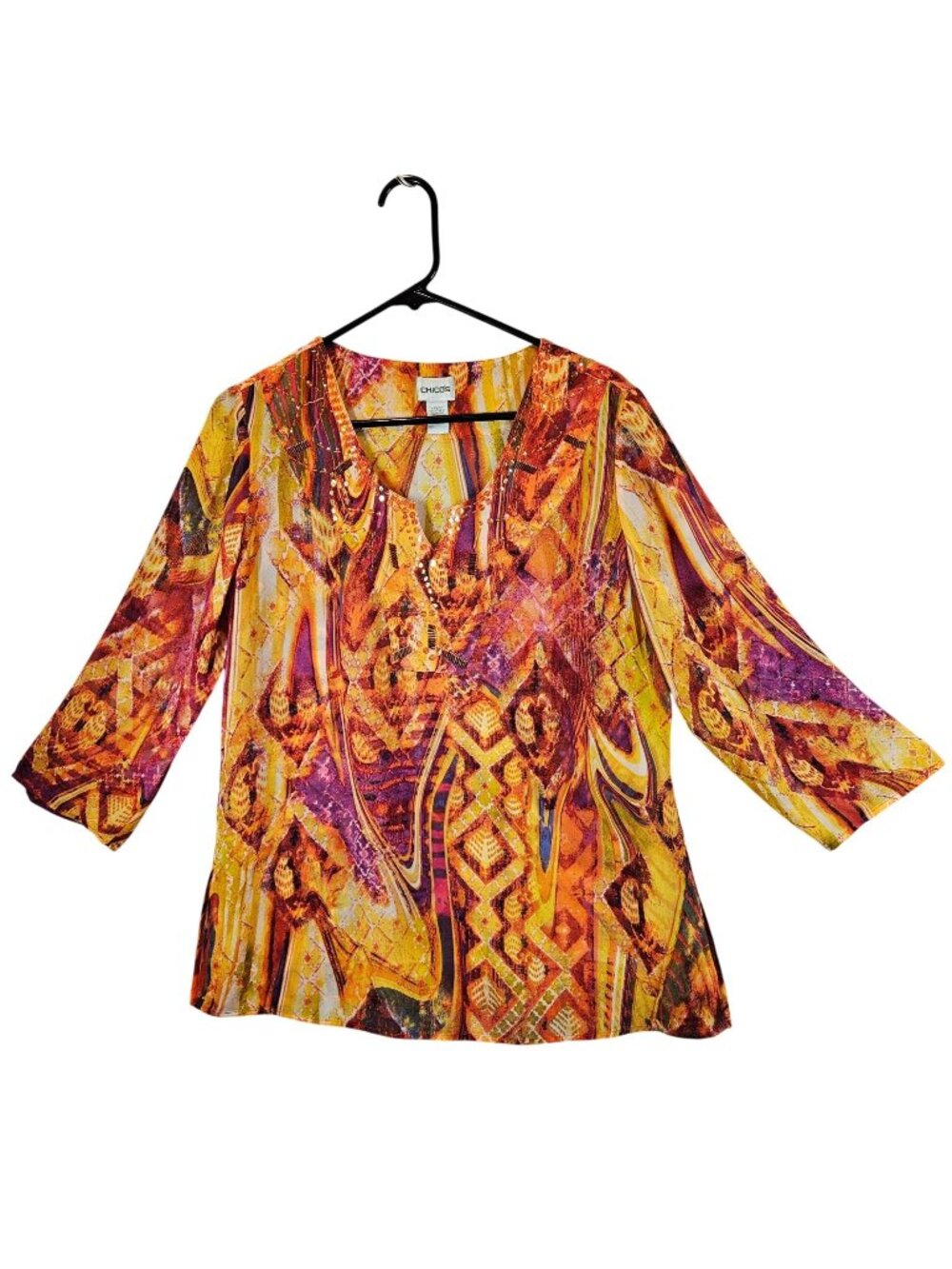 Chicos Artisan Flame Abstract Women's M/L Beaded V-Neck Silk Top Bold office fun